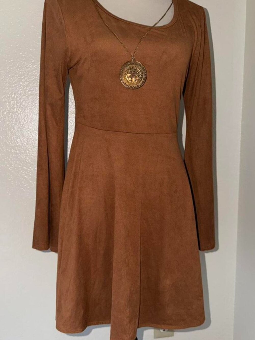 Y2K Faux Suede Bell Sleeve Skater Dress